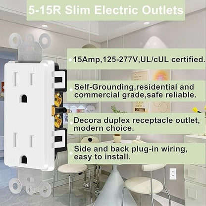 White Outlet,Greencycle 110V Outlet,2 Pack 15 Amp Decora Tamper Resistant Outlet,5-15R,3 Wire Square Outlet Wall Plug,Residential Commercial Grade,Ultra-Slim,Heavy Duty,Self-Grounding,ULCul