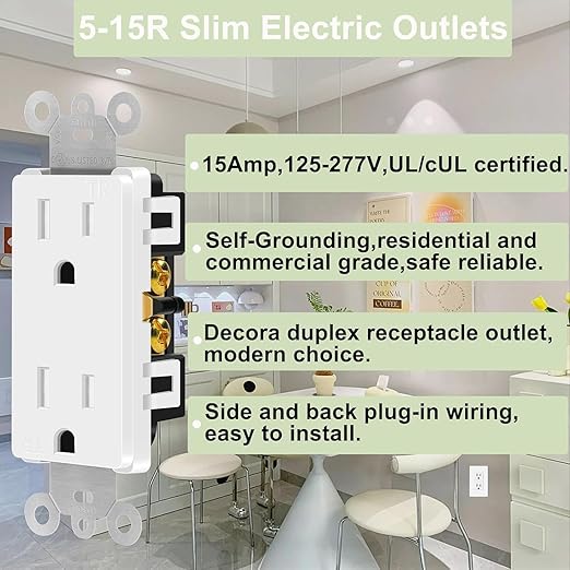 White Outlet,Greencycle 110V Outlet,2 Pack 15 Amp Decora Tamper Resistant Outlet,5-15R,3 Wire Square Outlet Wall Plug,Residential Commercial Grade,Ultra-Slim,Heavy Duty,Self-Grounding,ULCul