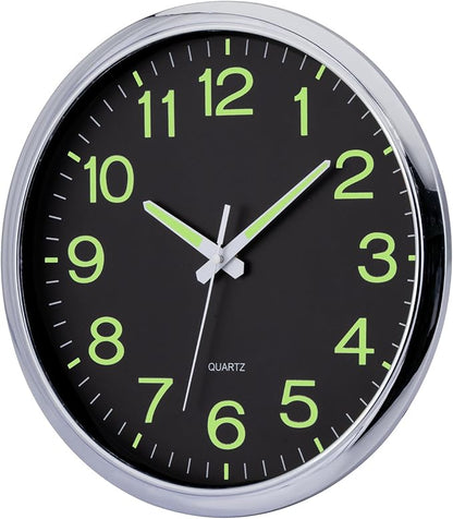 Wall Clock 12 inch Glow in The Dark Wall Clocks Battery Operated Night Lighted Large Wall Clocks Silent Non Ticking Silver Analog Clock for Living Room Kitchen Bedrooms Office Farmhouse Home Decor