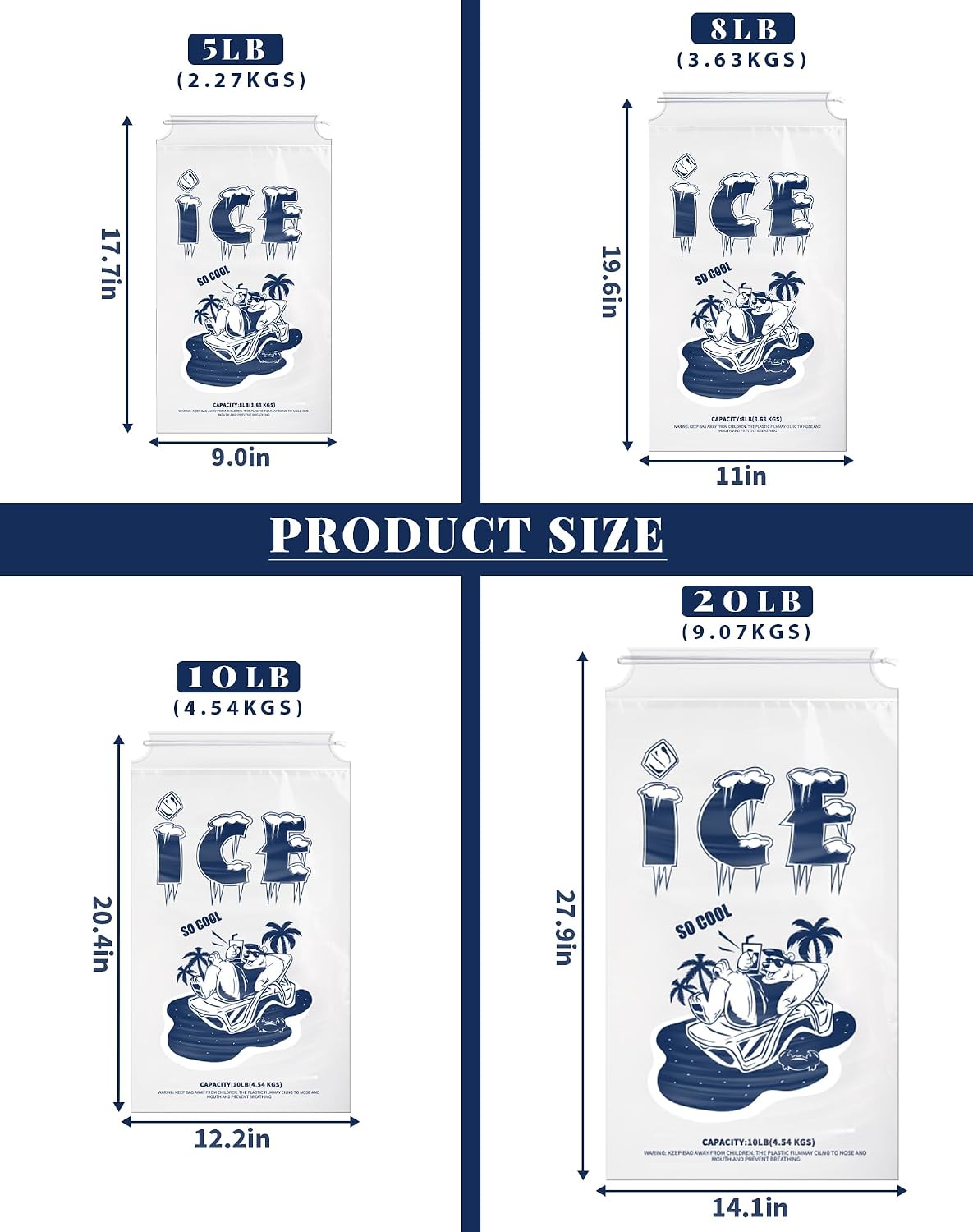 50 Pack Ice Bags 20 lb, Heavy-Duty Ice Bags with Drawstring, Portable Ice Cube Storage and Freezer Keeper (2 Mils Thickness)