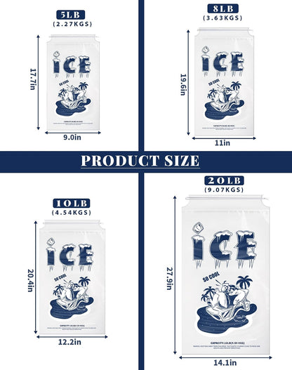 50 Pack Ice Bags 20 lb, Heavy-Duty Ice Bags with Drawstring, Portable Ice Cube Storage and Freezer Keeper (2 Mils Thickness)