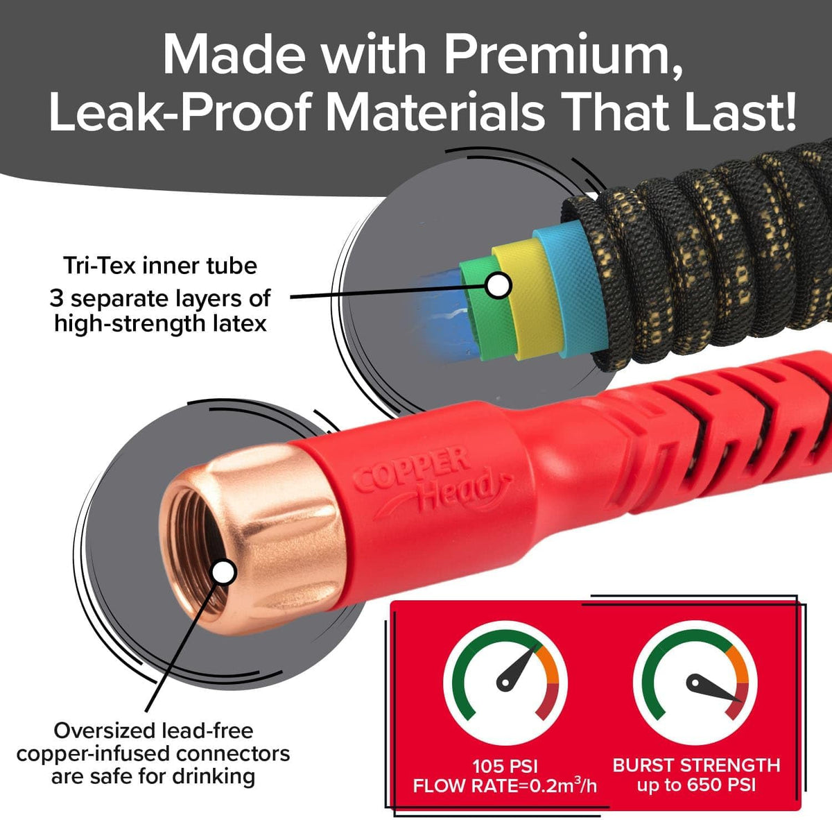 Pocket Hose Copper Head 100 FT Expandable Garden Hose, Pocket Pivot 10-pattern thumb-control nozzle, 360° swivel, no-kink, 3X stronger jacket, 650 PSI anti-burst, lead-free, drinking water safe (Hose and Nozzle Only, accessories not included)