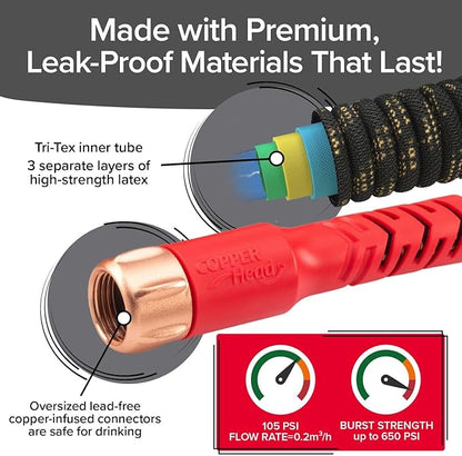 Pocket Hose Copper Head Expandable Garden Hose 9FT, Advanced Tri-Tex Tubing & Force Field Jacket, 3X Stronger, Lead-Free, No-Kink, Anti-Burst w/APT