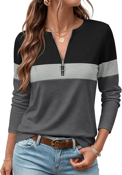 Women's Long Sleeve Shirts Fall Zipper Tops Tunics Ladies Casual Tees Blouses