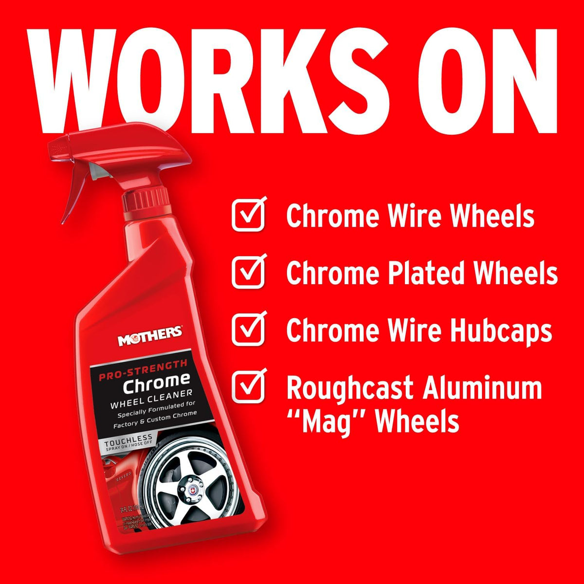 Mothers Pro-Strength Chrome Wheel Cleaner, 24 oz. — Safely Cleans Chrome & Roughcast Aluminum Mag Wheels, Removes Brake Dust, Grease, Dirt & Grime with Easy Spray-On, Hose-Off Formula (05824)