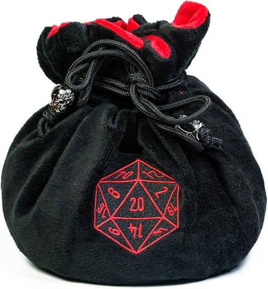 Large Dice Bags with Pockets Black Storage Bag with Drawstrings D20 Logo for DND RPG Game Dices - Capacity 200+ Dice