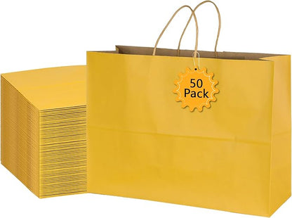 BLEWINDZ 50Pcs Kraft Paper Bags - Large Size 16x6x12 Inches Gift Bags with Handles Bulk  Yellow Goodie Bag Shopping Bag for Grocery Merchandise
