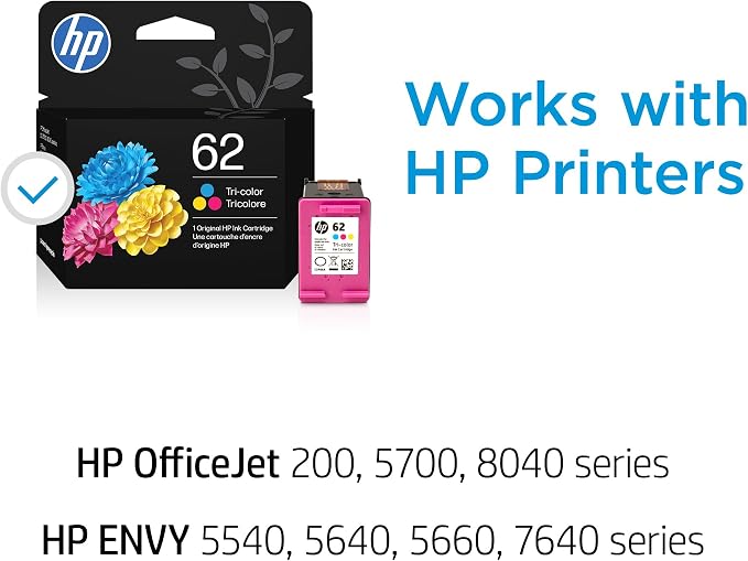 HP 62 Tri-Color Ink Cartridge | Works with Envy 5540, 5640, 5660, 7640, OfficeJet 5740, 8040, Mobile 200, 250 | C2P06AN | Packaging May Vary