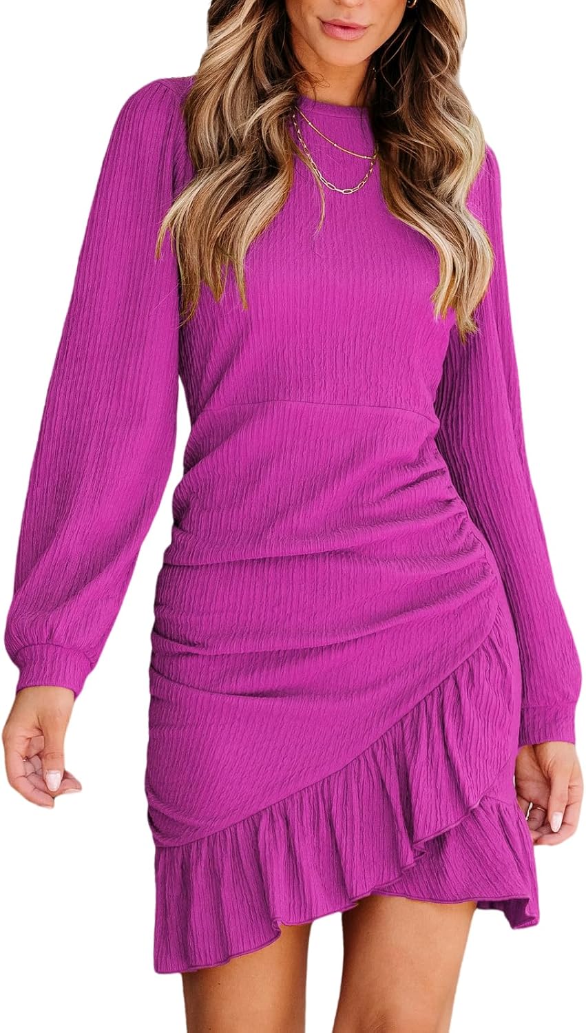 Size XS CUPSHE Women Knit Ruched Fall Dress Smocked Ruffle Hem Crew Neck Long Sleeve Bodycon Sexy Casual Holiday Mini Dress