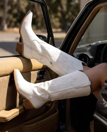Pasuot Western Cowboy Boots for Women - Knee High Wide Calf Cowgirl Boots, Slip On Pointed Toe Chunky Heel Fashion Retro Classic Pull On Tall Boot for ladies Party concert
