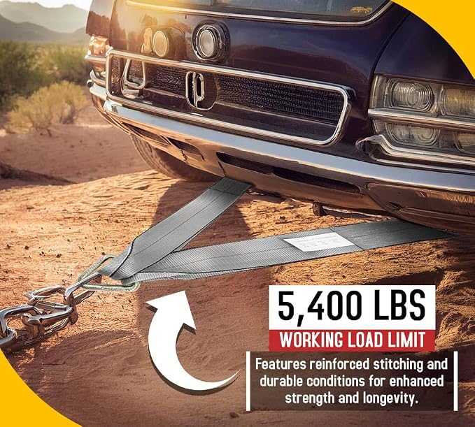 Mytee Products Tow Straps V Bridle 3" x 24" w/ 15" Long Shank J Hooks 5400 lbs Working Load | Recovery V Strap for Car Wrecker Rollback, Car Hauler Carrier