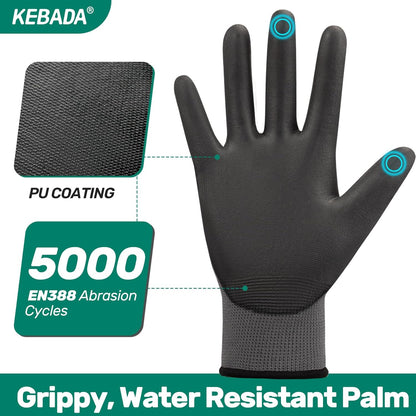 Kebada W1 Work Gloves for Men and Women, PU Coated Safety Gloves with Grip, Touchscreen, Ideal for Warehouse Package Handling, Construction, Gardening, 9 Pairs Gray Large