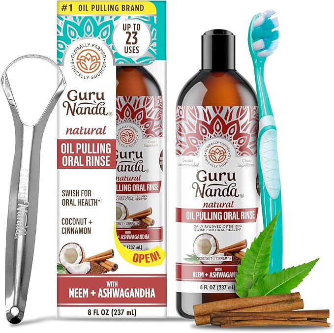 GuruNanda Ashwagandha Oil Pulling with Neem  Roman Chamomile, for Fresh Breath and Happy Gums, Alcohol  Flouride-Free Essential Oil Oral Rinse with Toothbrush  Tongue Scraper, 8 Oz