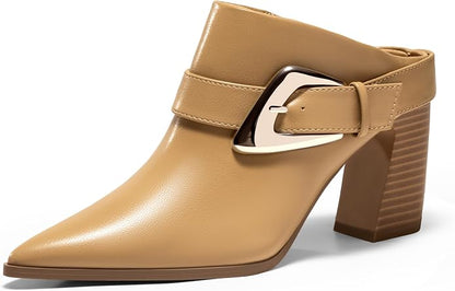 Coutgo Womens Mules Boots Chunky Stacked Heel Pointed Toe Booties Slip On Dress Boot Shoes with Buckle Decoration