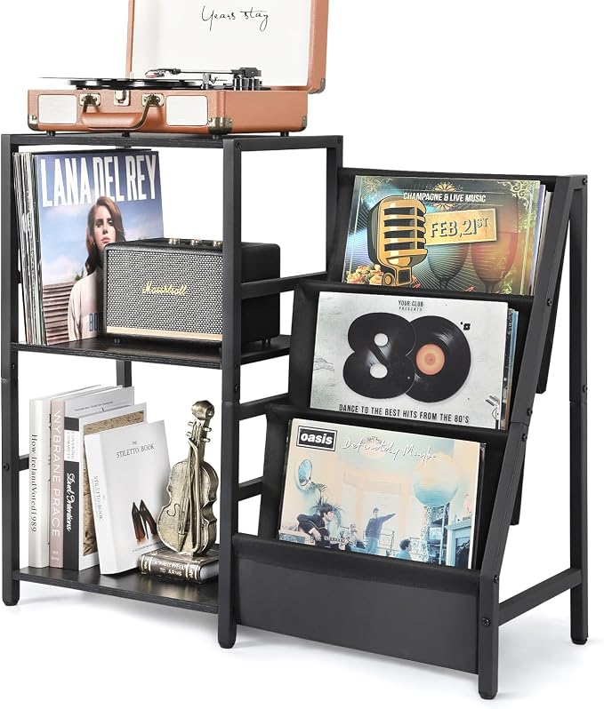 3-tier record player stand offers storage for 200 vinyl albums, turntable, and audio gear for vinyl enthusiasts.