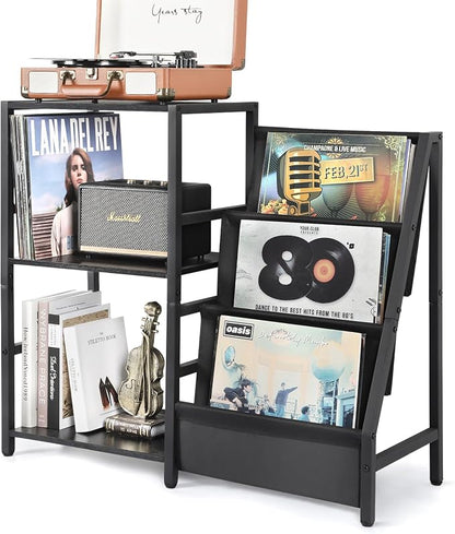 3-tier record player stand offers storage for 200 vinyl albums, turntable, and audio gear for vinyl enthusiasts.