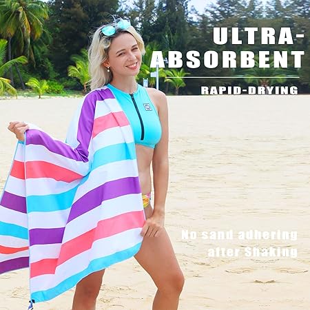 Exclusivo Mezcla Large Microfiber Quick Dry Beach Towel, Lightweight Sand-Free Cabana Stripe Pool Travel Camping Towel with Bag (Purple, 30x60 Inches)