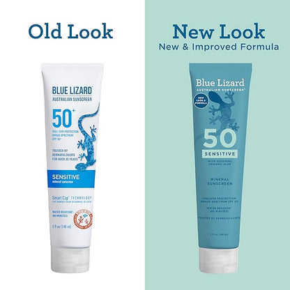BLUE LIZARD Sensitive Mineral Sunscreen with Zinc Oxide 50 Water Resistant UVAUVB Protection with Smart Cap Technology Fragrance Free, Sensitve, SPF 50 - - Tube, Unscented, 5 Fl Oz