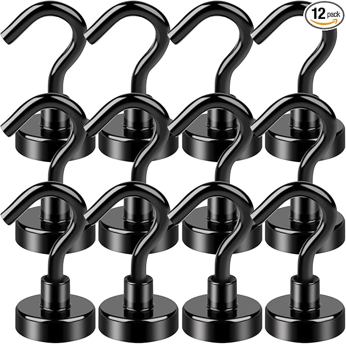 LOVIMAG Black Magnetic Hooks, 30Lbs Strong Magnetic Hooks Heavy Duty with Epoxy Coating for Refrigerator, Magnetic Cruise Hooks for Hanging, Classroom, Office, and Kitchen - Pack of 12