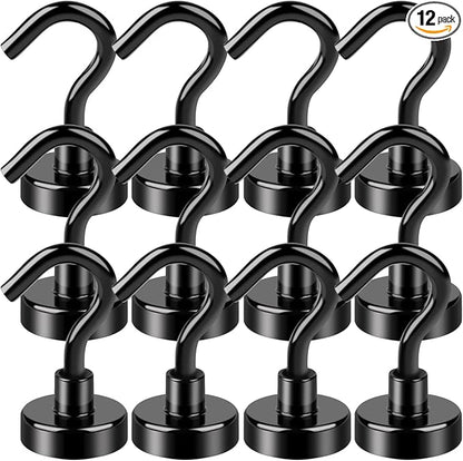 LOVIMAG Black Magnetic Hooks, 30Lbs Strong Magnetic Hooks Heavy Duty with Epoxy Coating for Refrigerator, Magnetic Cruise Hooks for Hanging, Classroom, Office, and Kitchen - Pack of 12