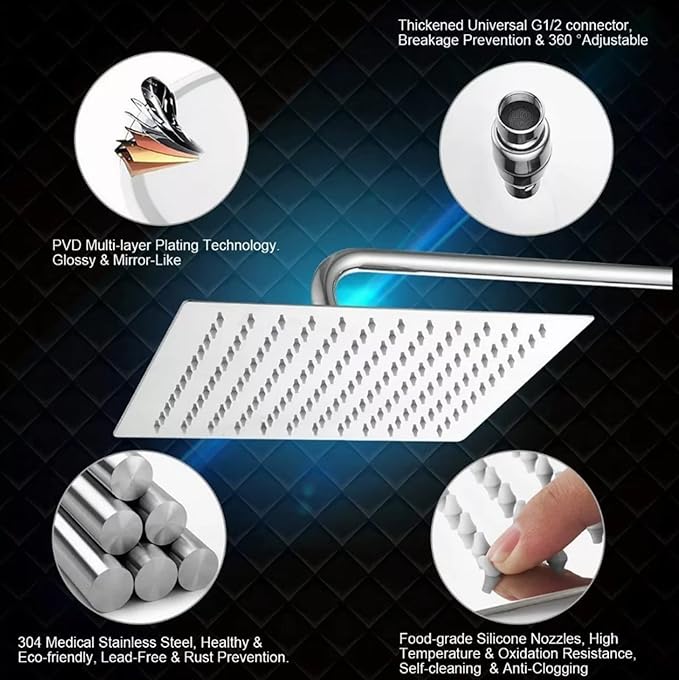 Stainless Steel Silicone Nozzle Shower Head, Adjustable Angle Square High-Pressure Rainfall Showerhead Replacement, 8 Inches