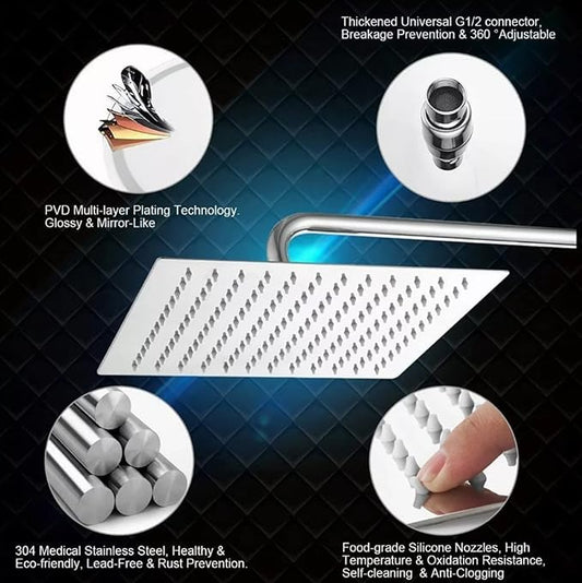 Stainless Steel Silicone Nozzle Shower Head, Adjustable Angle Square High-Pressure Rainfall Showerhead Replacement, 8 Inches