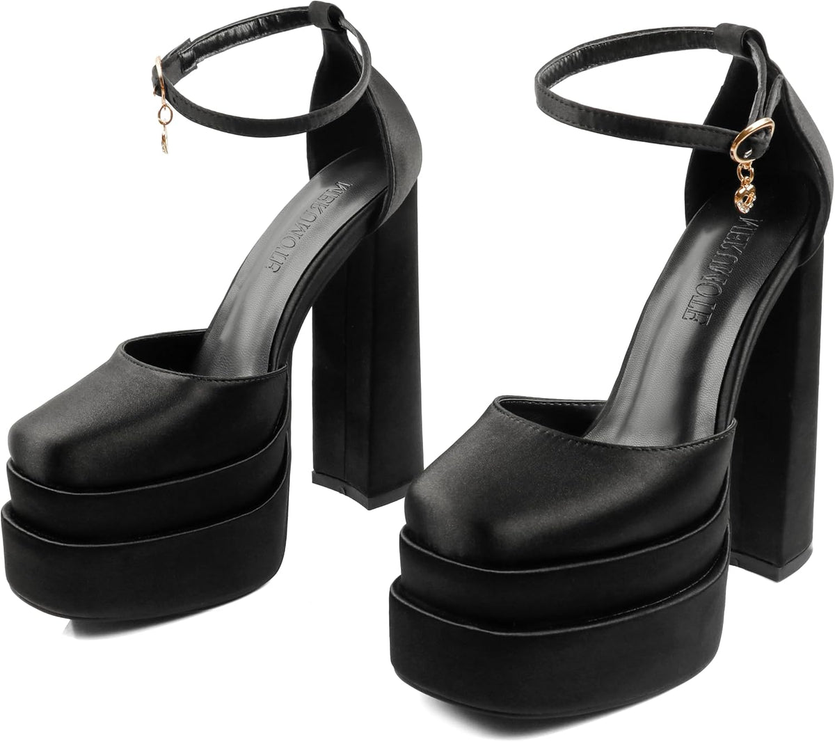 Women's Rhinestone Square Toe Chunky Block Heel Platform Pumps
