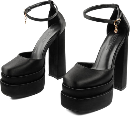 Women's Rhinestone Square Toe Chunky Block Heel Platform Pumps