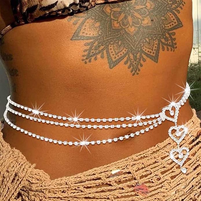 Rhinestone Waist Chain Layered Body Chain Heart Sliver Belly Chain Nightclub Party Body Jewelry Accessories For Women