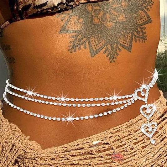 Rhinestone Waist Chain Layered Body Chain Heart Sliver Belly Chain Nightclub Party Body Jewelry Accessories For Women