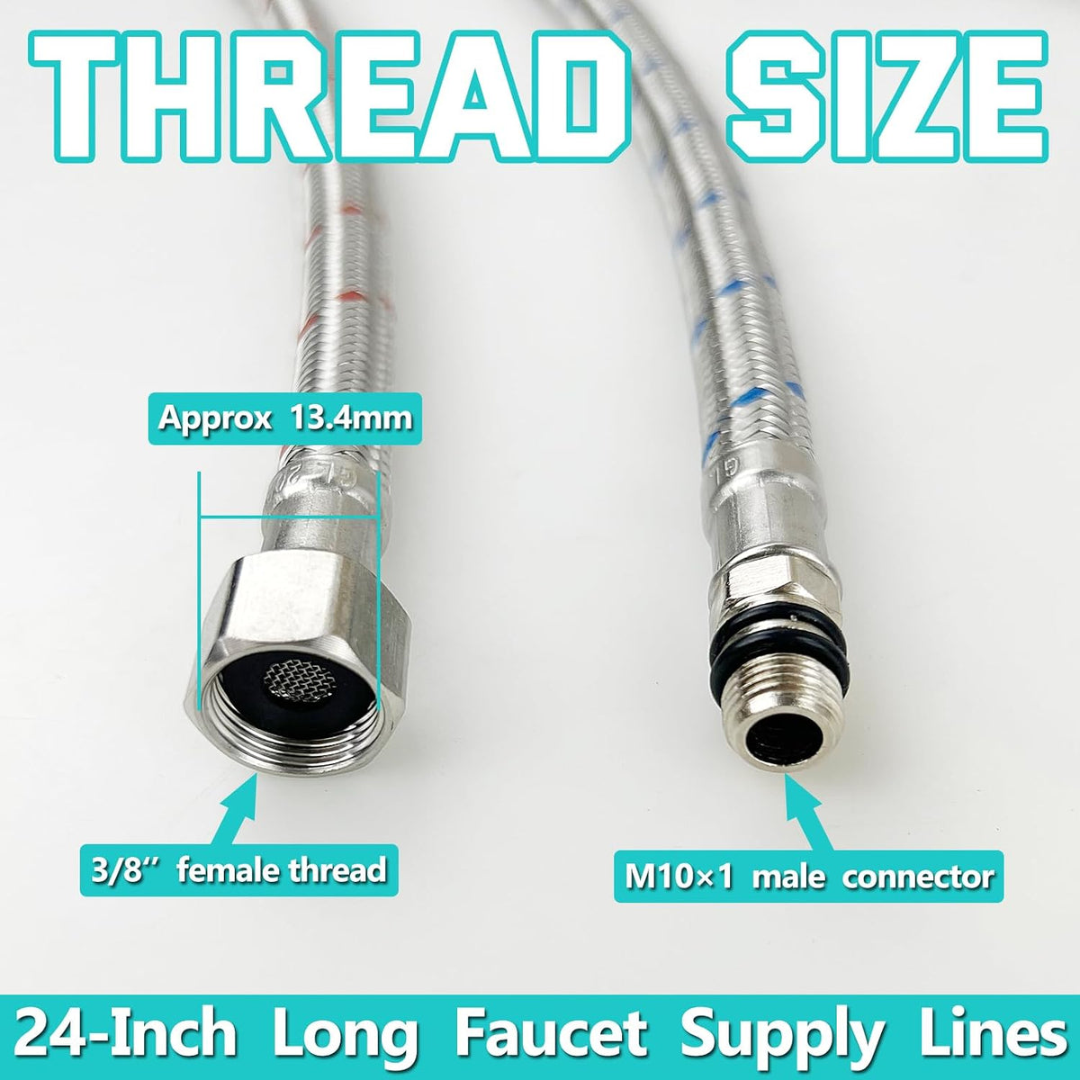 24" Length Bathroom Kitchen Faucet Connector Water Supply Line, Durable Braided Steel Hot and Cold Water Lines Faucet Hose 3/8" female compression thread x M10 male connector