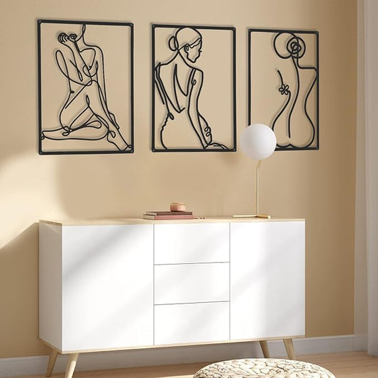 CHENGU 3 Pieces Metal Minimalist Abstract Woman Wall Art Line Drawing Wall Art Decor Single Line Female Home Hanging for Kitchen Bathroom Living Room