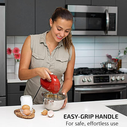 OVENTE 5-Speed Electric Hand Mixer with Stainless Steel Mixing Whisk, Snap-On Storage Case, Portable  Lightweight 150W Motor, Compact Handheld Mixer for Baking, Blending or Cooking, Red HM151R