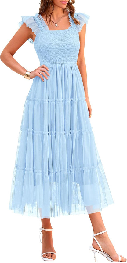 Sleeveless midi dress with tulle fabric, smocked design, flattering fit, suitable for parties, weddings, and summer occasions.