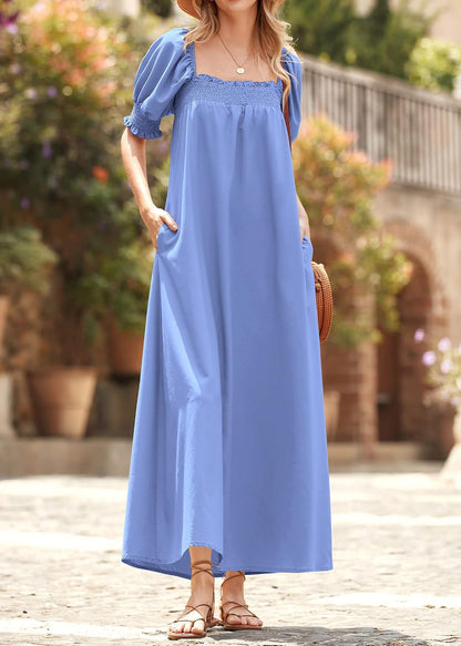 KIRUNDO Women 2026 Summer Maxi Dress Casual Loose Puff Sleeve Square Neck Maternity Flowy Long Beach Dresses with Pockets