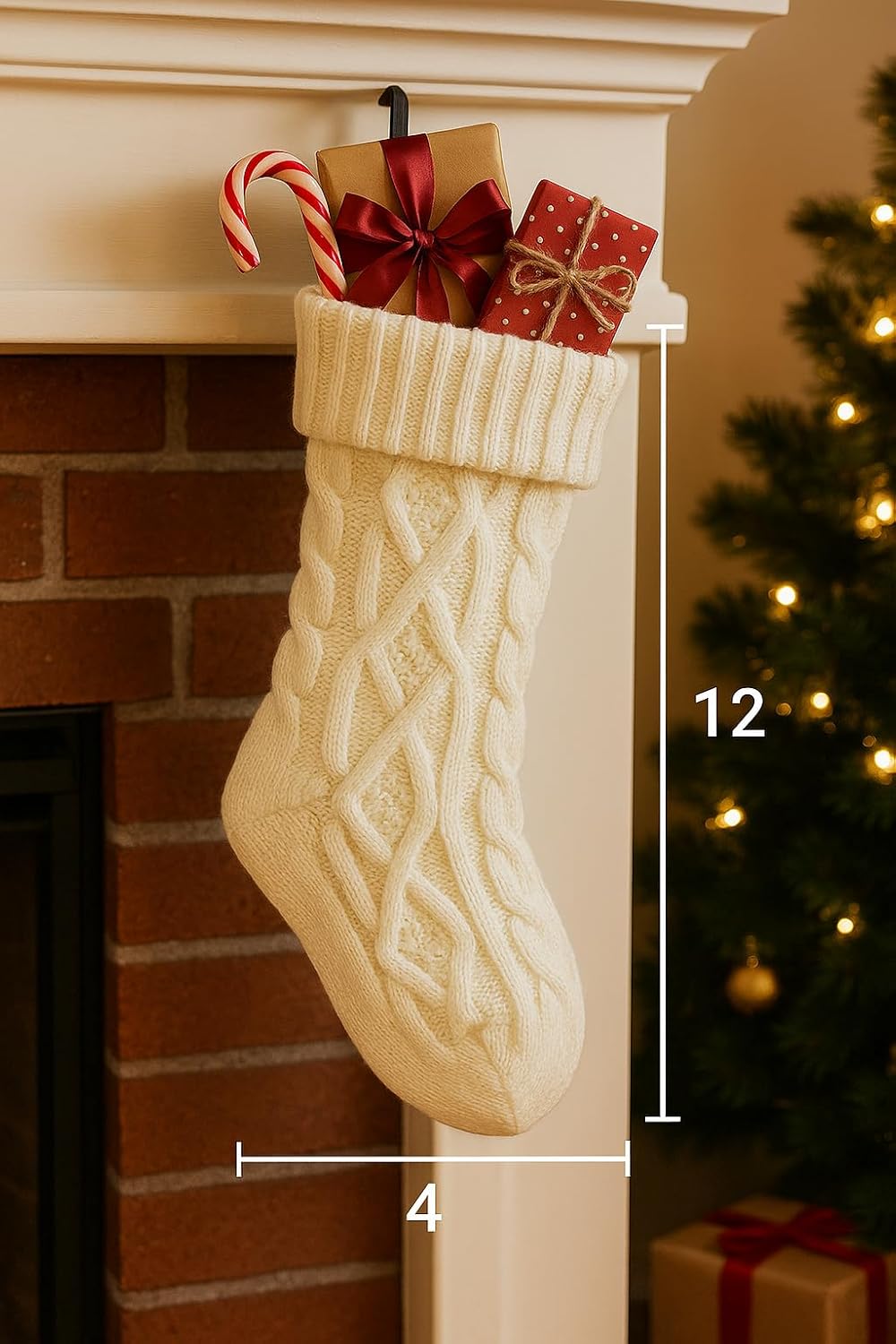Cozy Holiday Cable Knit Stocking, White Chunky Knit, 12 x 4 Inches, Foldable Cuff Design, Traditional Winter Holiday Mantel Decor Valentines Day Christmas