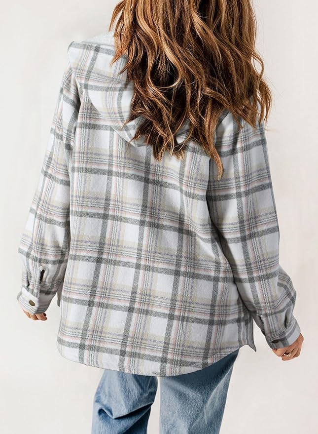 Dokotoo Womens Plaid Shacket Jacket Long Sleeve Button Down Fleece Hooded Jackets Warm Coat
