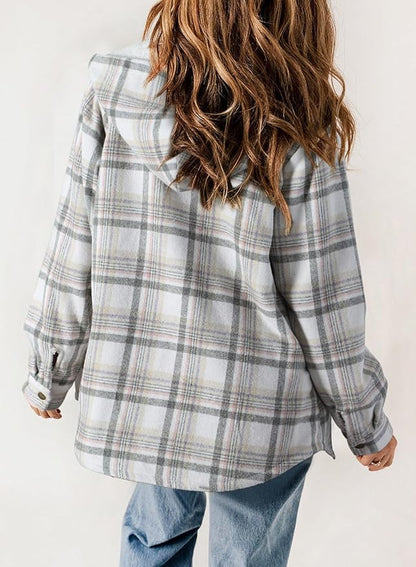 Dokotoo Womens Plaid Shacket Jacket Long Sleeve Button Down Fleece Hooded Jackets Warm Coat
