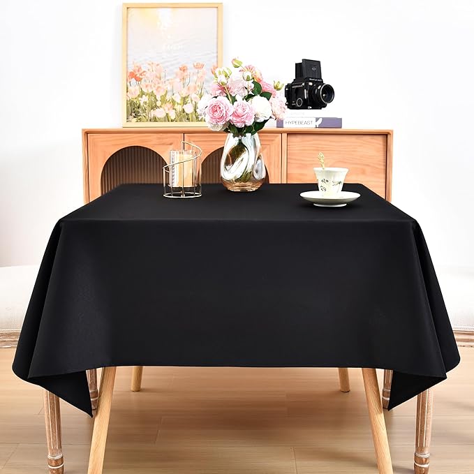 eeivs Square Tablecloth 52 x 52 Inch Washable Polyester Table Cloth Solid Black Heavy Duty Fabric Table Cover Daily Use for Dining Home Kitchen Party Wedding