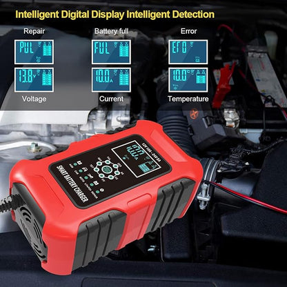 Battery Trickle Charger 12V  24V,10-Amp Multifunctional Battery Charger WetGELSLALiFePO4Lead-AcidAGM Batteries,7-Stage Quick Charger Truck Motorcycle Car ATV Lawn mower RV Tractor, Red