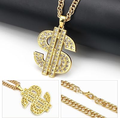 AHIER Gold Necklace Chain with Dollar Sign, 18K Gold Plated Hip Hop Chain Necklace Pendant for Men, 30inch (Rotatable,Lion Head)