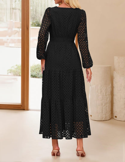 PrettyGarden Women's 2026 Fall Long Sleeve Eyelet Maxi Dress | V Neck Hollow Out A Line Flowy Casual Winter Outfits Funeral Church Wedding Guest Cocktail Midi Dresses