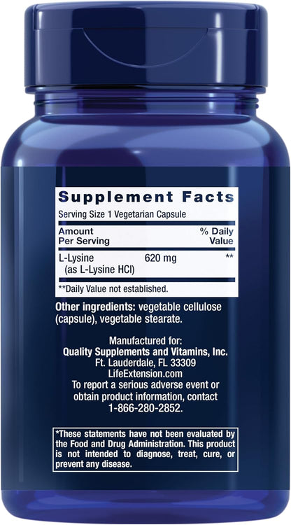 Life Extension L-Lysine, 620 mg, Essential Amino Acid for Healthy nitrogen Balance, Calcium Metabolism, Stress Response & More, Gluten-Free, Non-GMO, Vegetarian, 100 Capsules