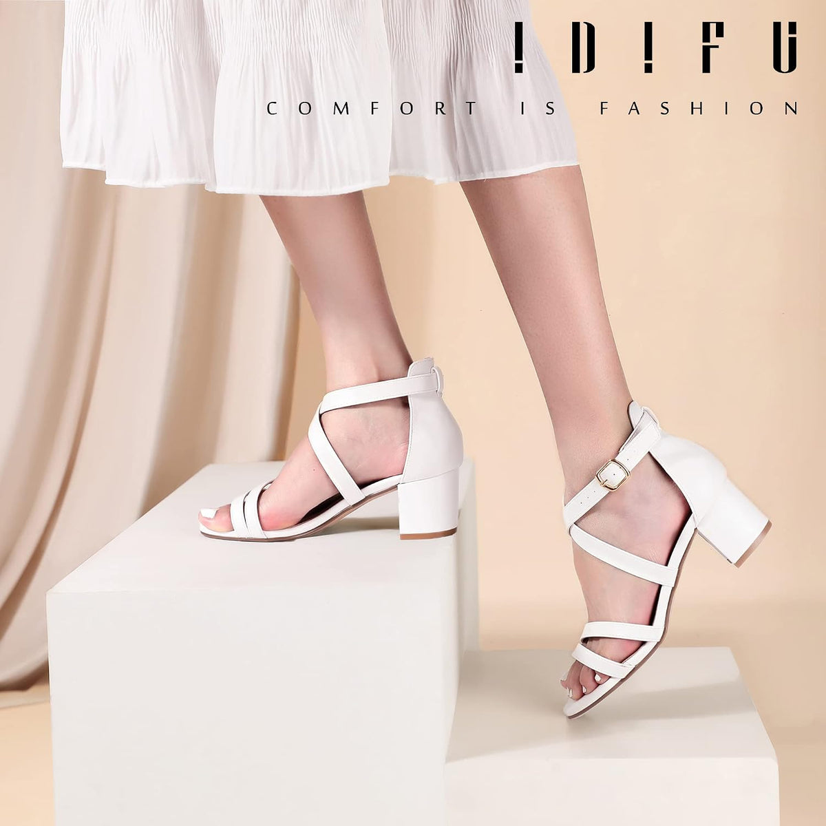 IDIFU Women's Block Low Chunky Heels Strappy Heeled Sandals | Comfortable Open Toe Ankle Strap Dress Shoes for Women Wedding Evening Bridal Prom