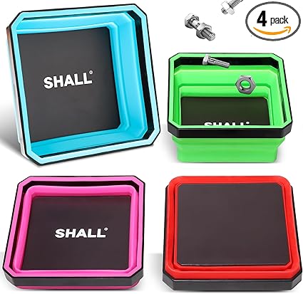 SHALL New Version Collapsible Magnetic Parts Tray Set, 4-Pack Magnetic Tool Trays for Screw Bolts Nuts Washers Pins  Small Metal Parts, 4.5 Square Silicone Foldable Bowls wDual-Sided Magnetic Base