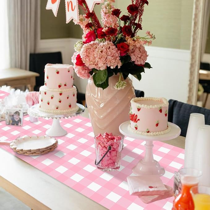 5 Pack Pink Gingham Table Runner, Pink and White Checkered Tablecloths 14 x 108 Inches Rectangular Waterproof Picnic Table Runner for Birthday Party Holiday Outdoor Supplies