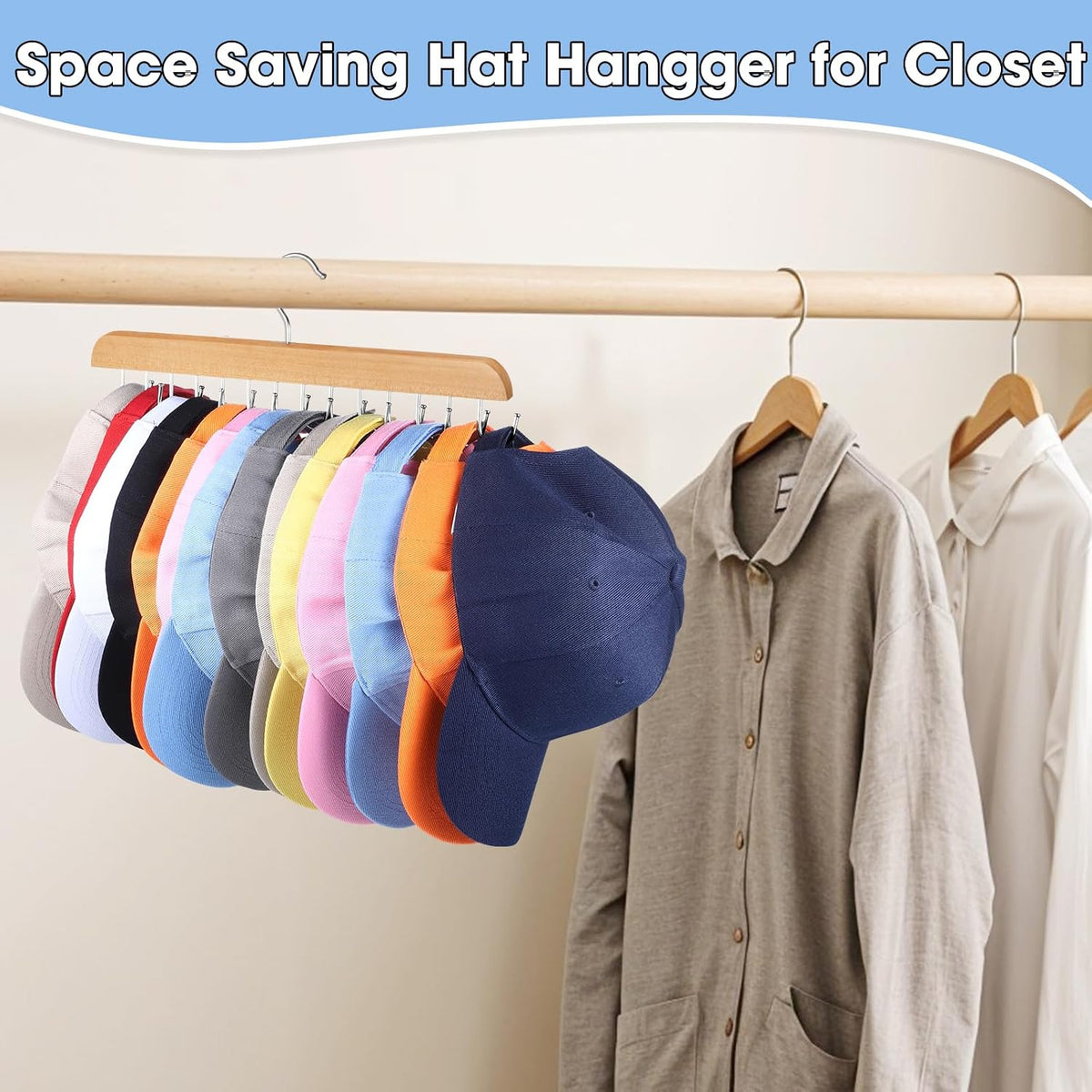 2 Pack Hat Hangers for Closet, 14 Hook Cap Organizer, Wood No Assembly, Double-Sided Hooks, Rotates 360°, Hardwood And Stainless Steel, For Caps, Belts, Ties, And Scarves