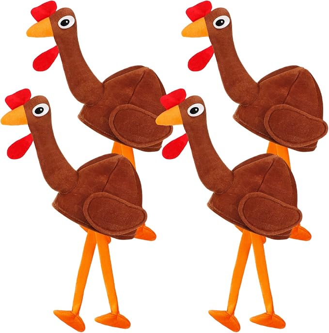 Geyoga 4 Pcs Thanksgiving Turkey Hats for Adults Plush Turkey Hat with Legs Headband for Carnival Cosplay Thanksgiving Party