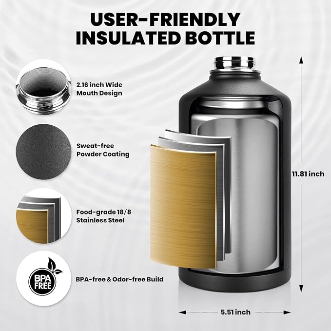 RAYMYLO One Gallon Water Bottle Insulated, Triple Walled Vacuum Stainless Steel (Cold for 48 Hrs), Leak Proof & Non-BPA, Large Water Flask Jug with Paracord Handle & Straw Spout Lids