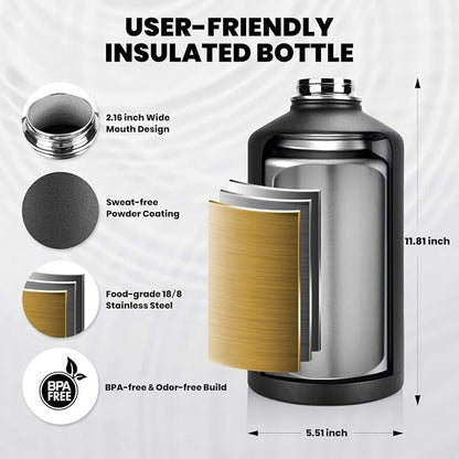 RAYMYLO One Gallon Water Bottle Insulated, Triple Walled Vacuum Stainless Steel (Cold for 48 Hrs), Leak Proof & Non-BPA, Large Water Flask Jug with Paracord Handle & Straw Spout Lids